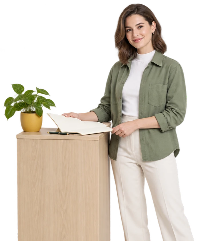Woman making notes at a standing desk