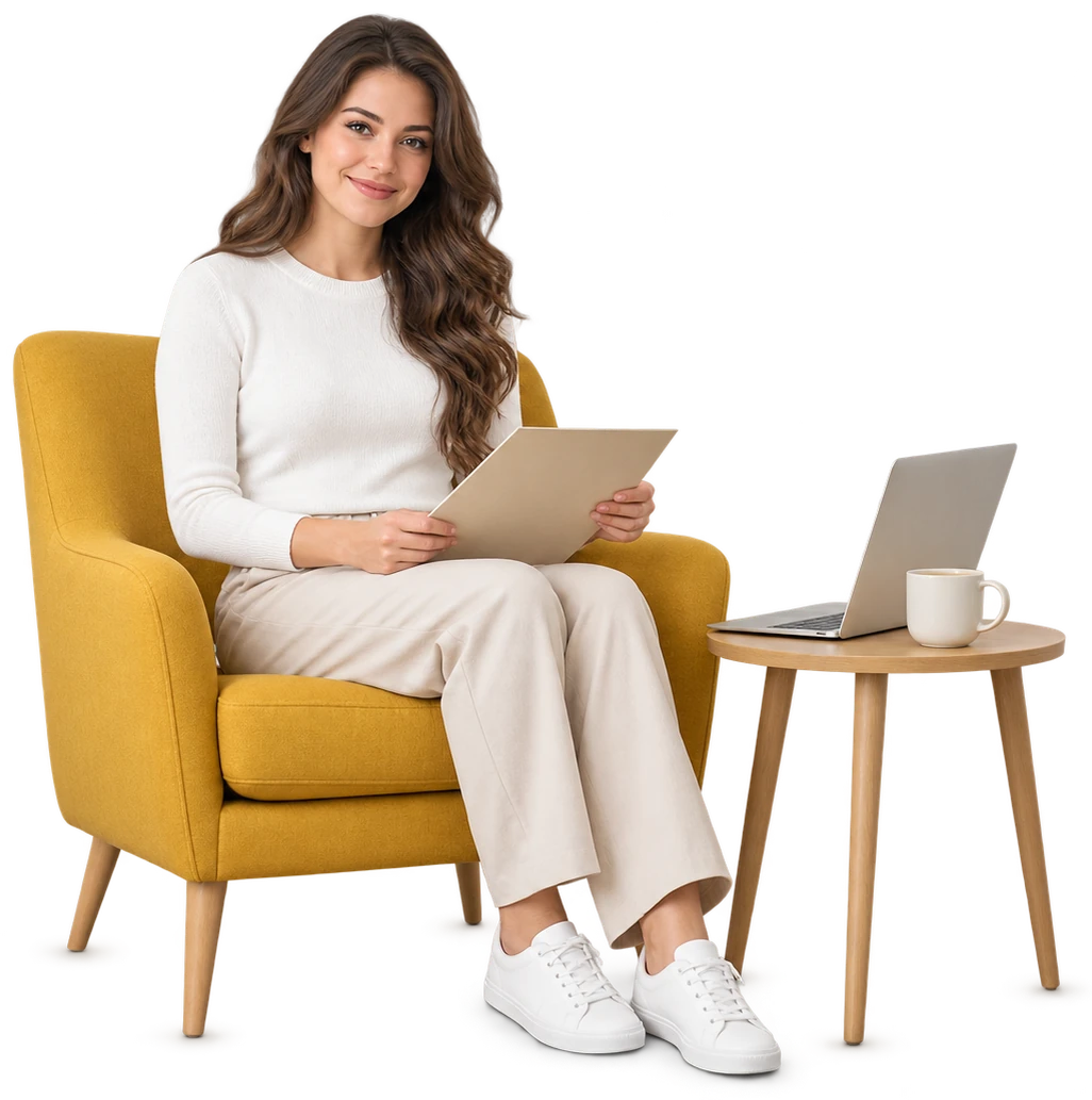 Woman reviewing loan paperwork in an armchair with a laptop beside her