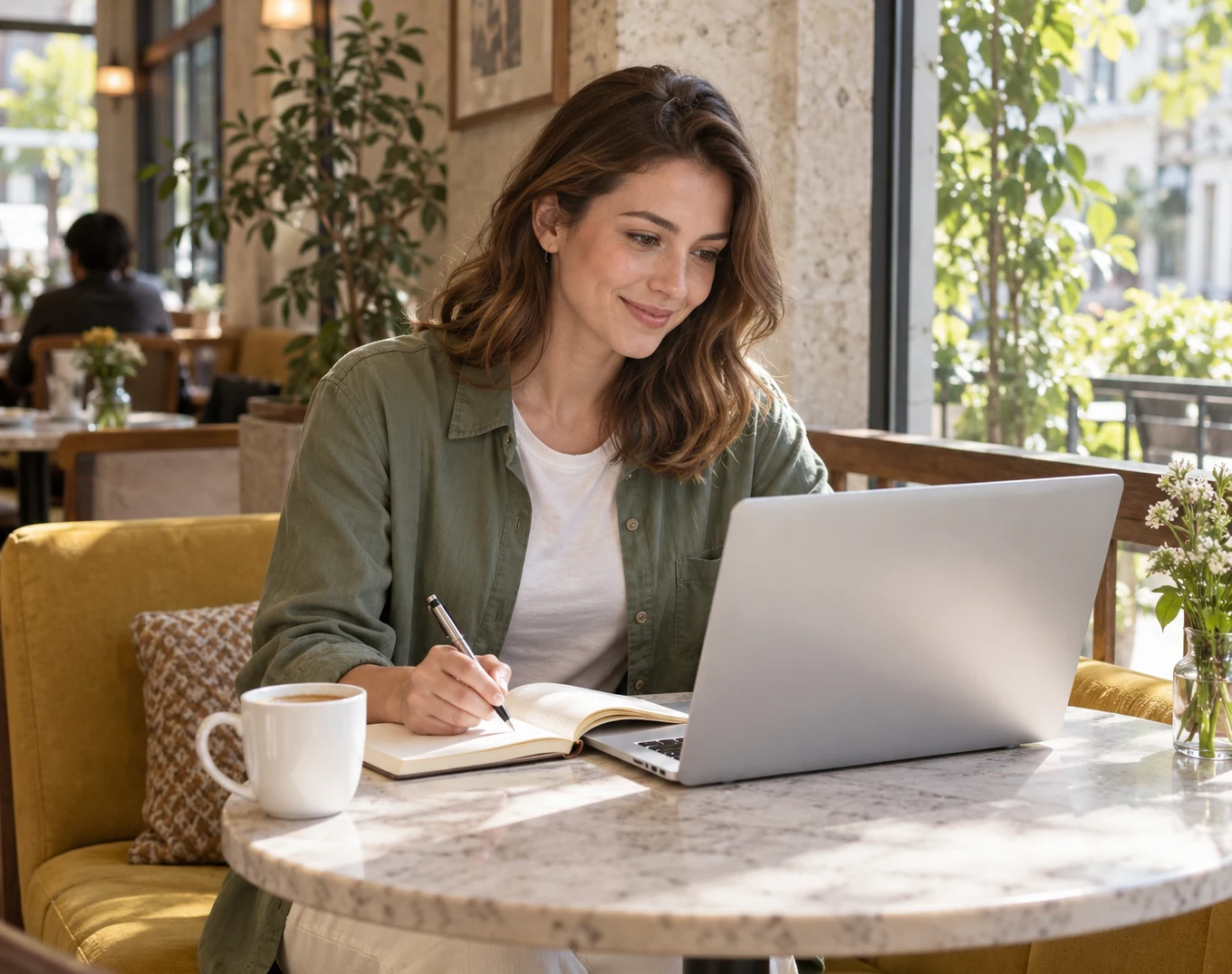 Woman taking notes while comparing loan offers on a laptop