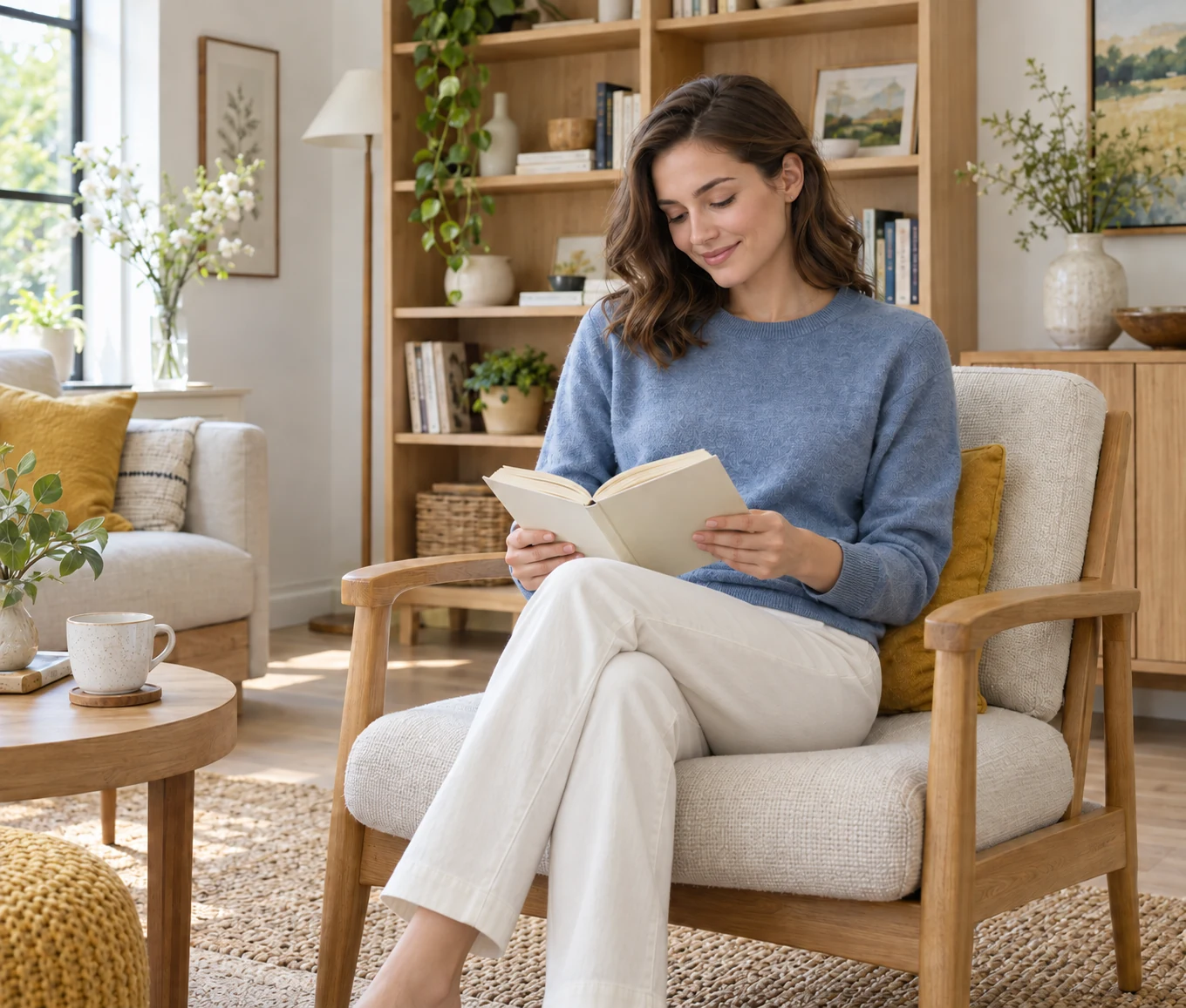 Woman relaxing with a book, her bills taken care of