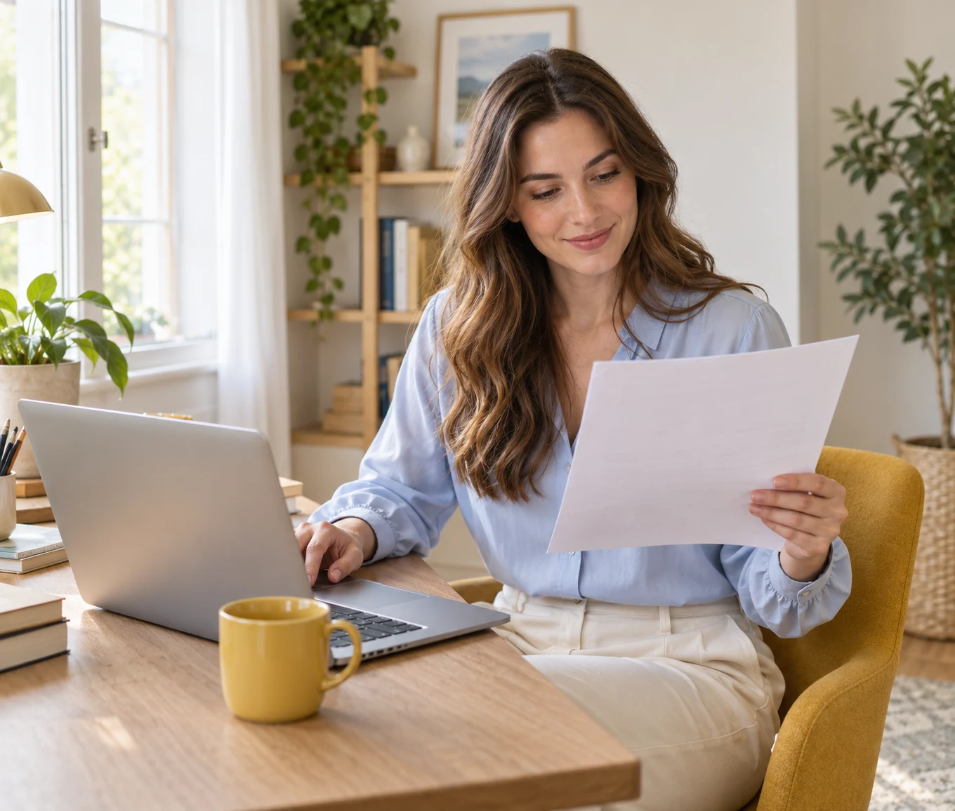 Woman reading a loan offer letter beside her laptop