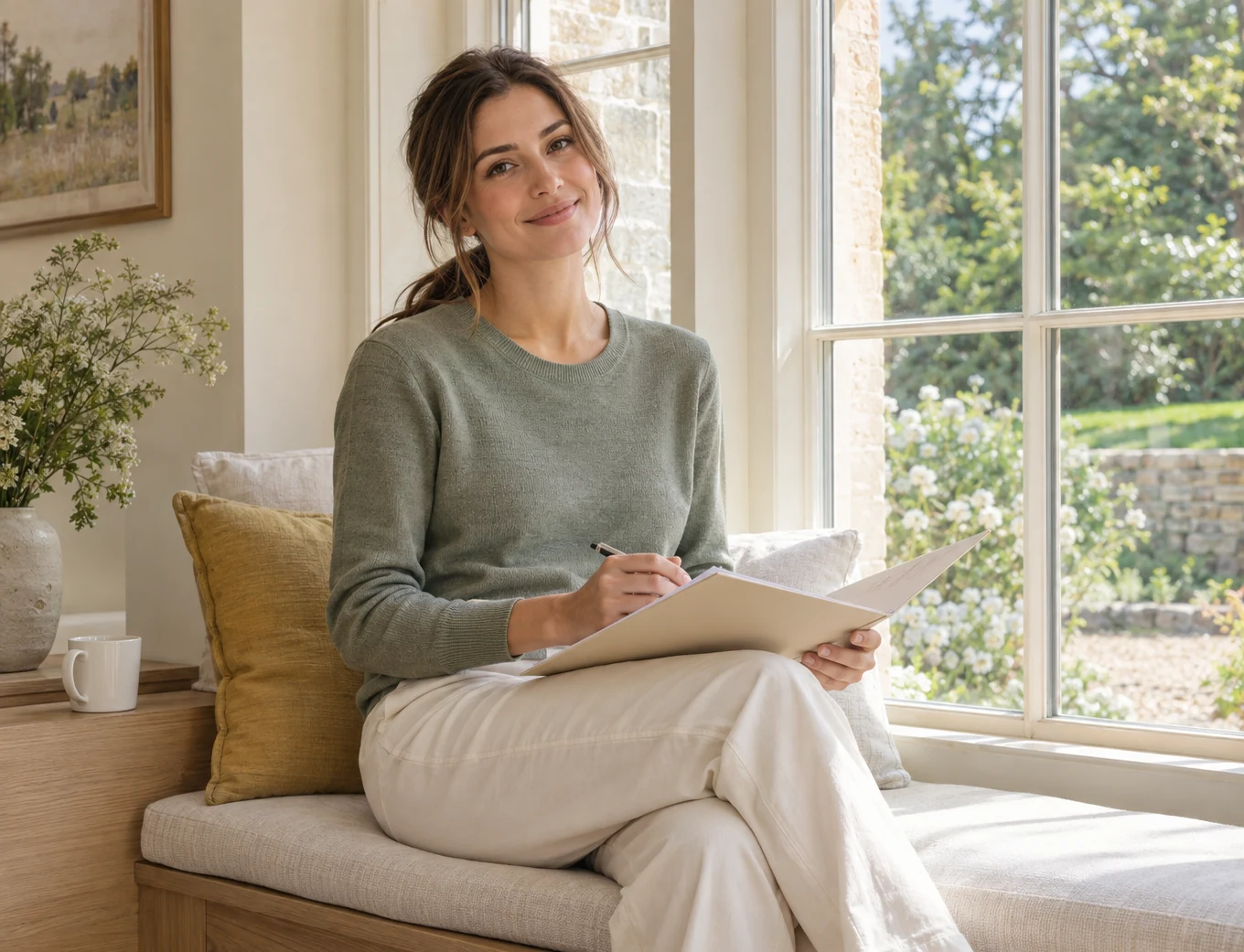 Woman planning her budget in a notebook by a sunny window